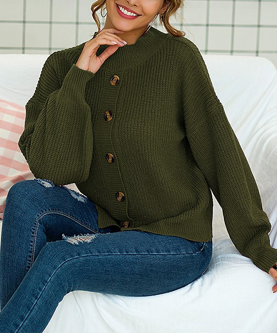 Maison Mascallier Women's Cardigans Green - Green Mock-Neck Cardigan - Women | Zulily