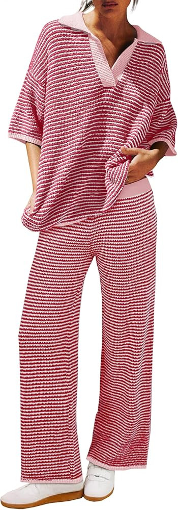 Tankaneo Womens Sweater Set Striped 2 Piece Outfits Oversized 3/4 Sleeve V Neck Knit Tops Wide Le... | Amazon (US)