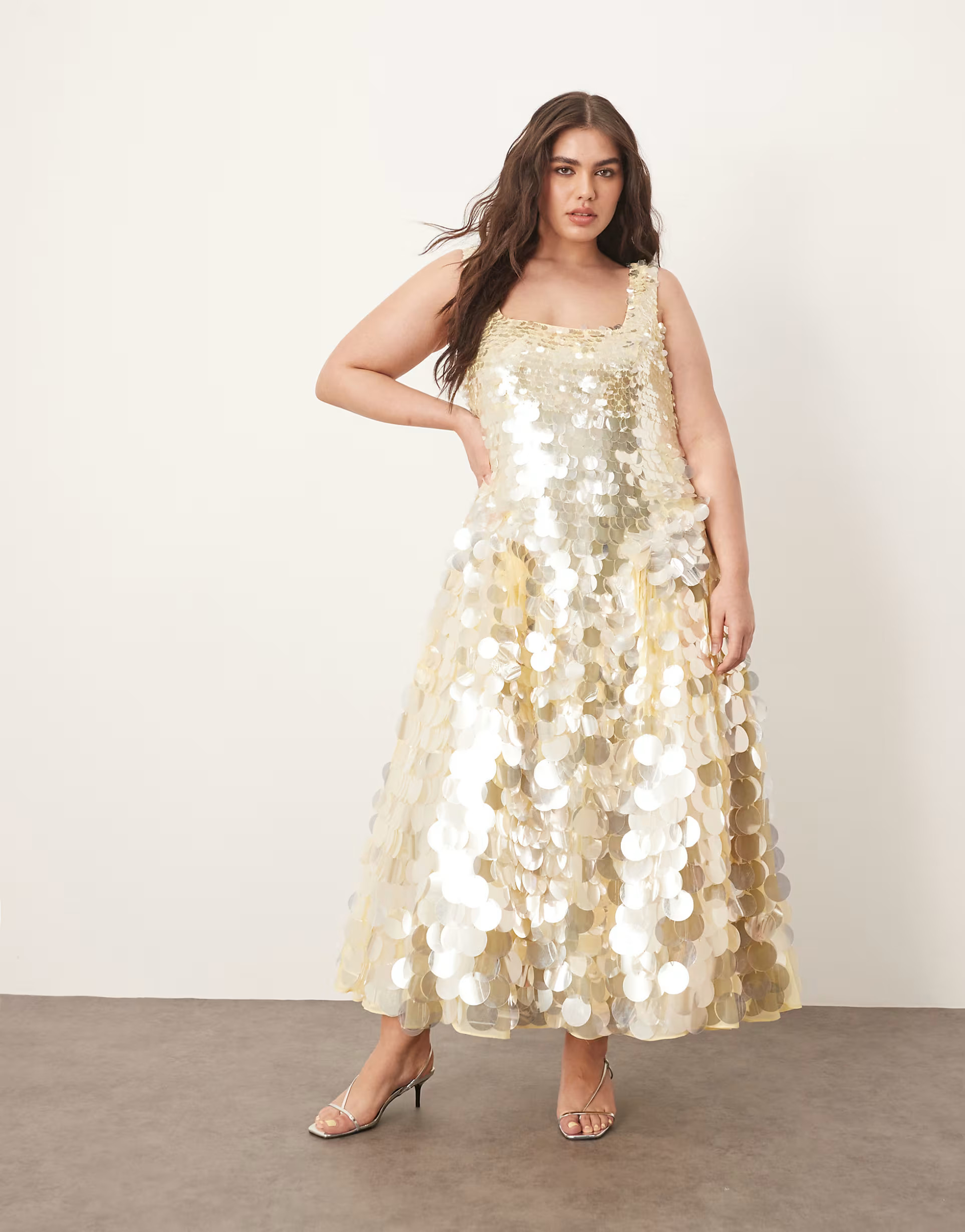 ARRANGE Curve embellished disc sequin square neck full skirt midi dress in lemon | ASOS (Global)