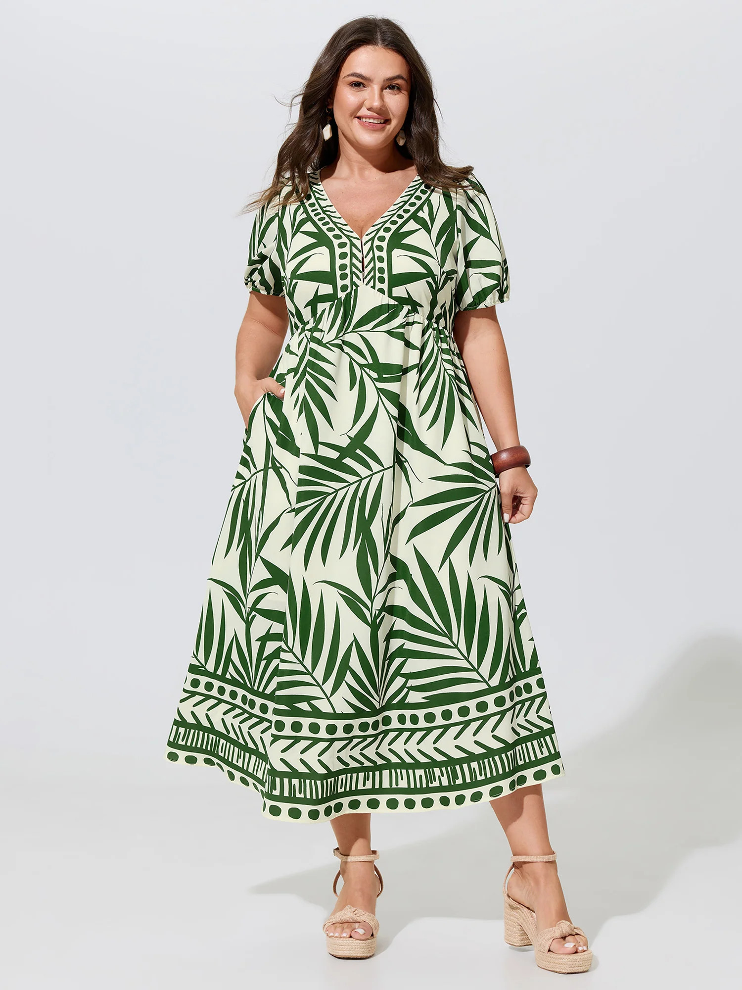 Tropical Palm Print V Neck Midi Dress | Bloomchic