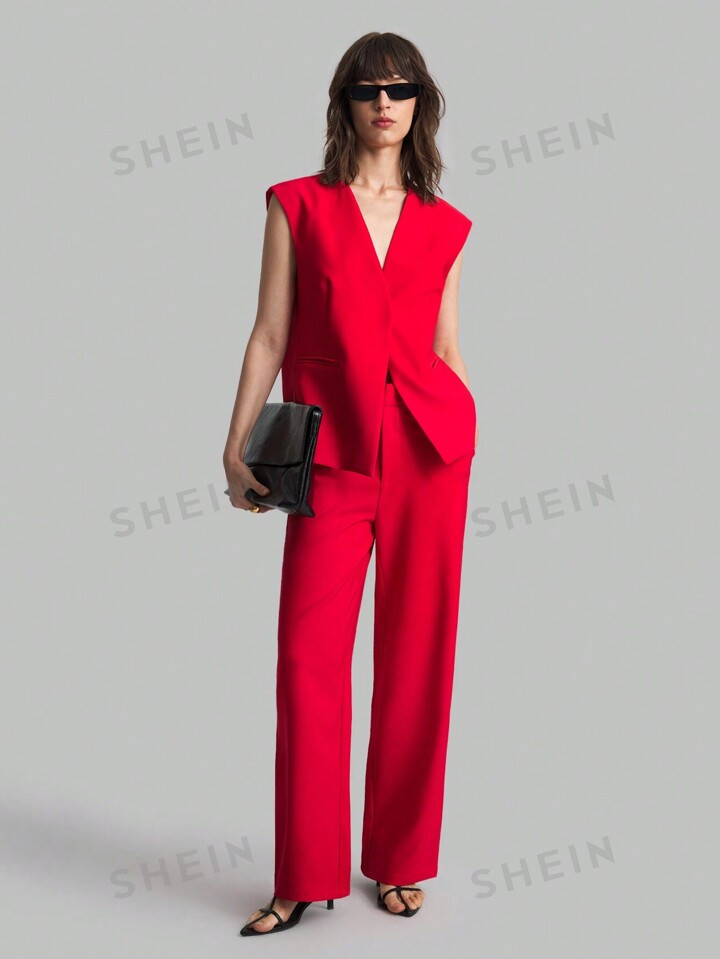 Ontre Women's Suit Set, V-Neck Sleeveless Top And Elegant High-End Trousers | SHEIN