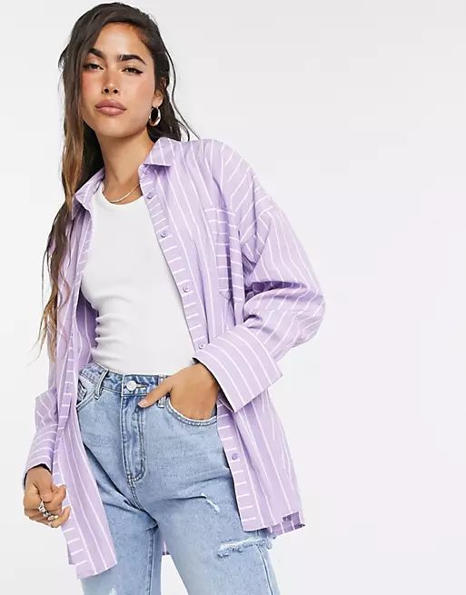 ASOS DESIGN oversized relaxed cotton dad shirt in lilac stripe | ASOS (Global)