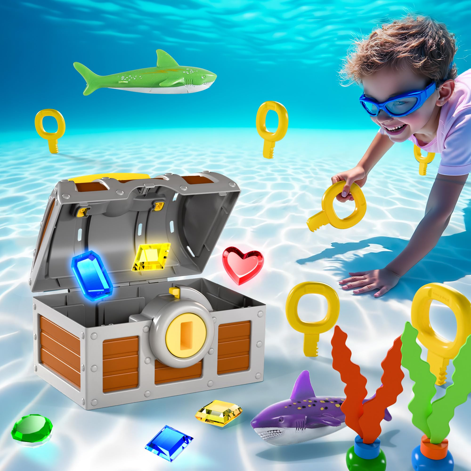 Pool Wave Kids Diving Pool Toy, Large Treasure Chest Water Dive Game W/Keys Gems Fish, Toddler Ou... | Amazon (US)