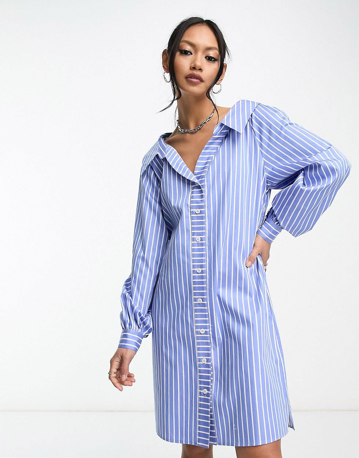 & Other Stories Exclusive ruched shirt mini dress in blue stripe | ASOS (Global)