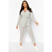 Womens Plus Rib Cardigan & Legging Lounge Set - Grey - 16, Grey | Boohoo.com (UK & IE)