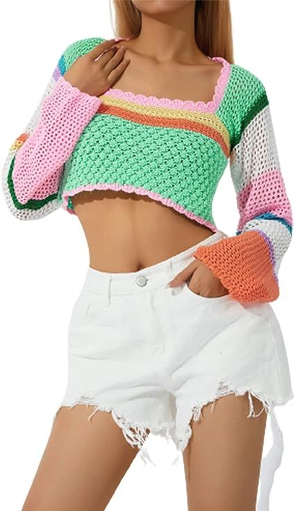 Women Colorful Crochet Knit Long Sleeve Top Square Neck Hollow Out Color Block Rainbow Striped Cr... | Amazon (US)