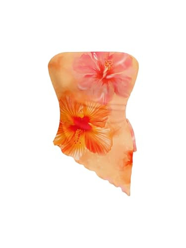 Milumia Women's Floral Print Strapless Tube Top Ruched Drawstring Asymmetrical Tank Tops Orange Large | Amazon (US)