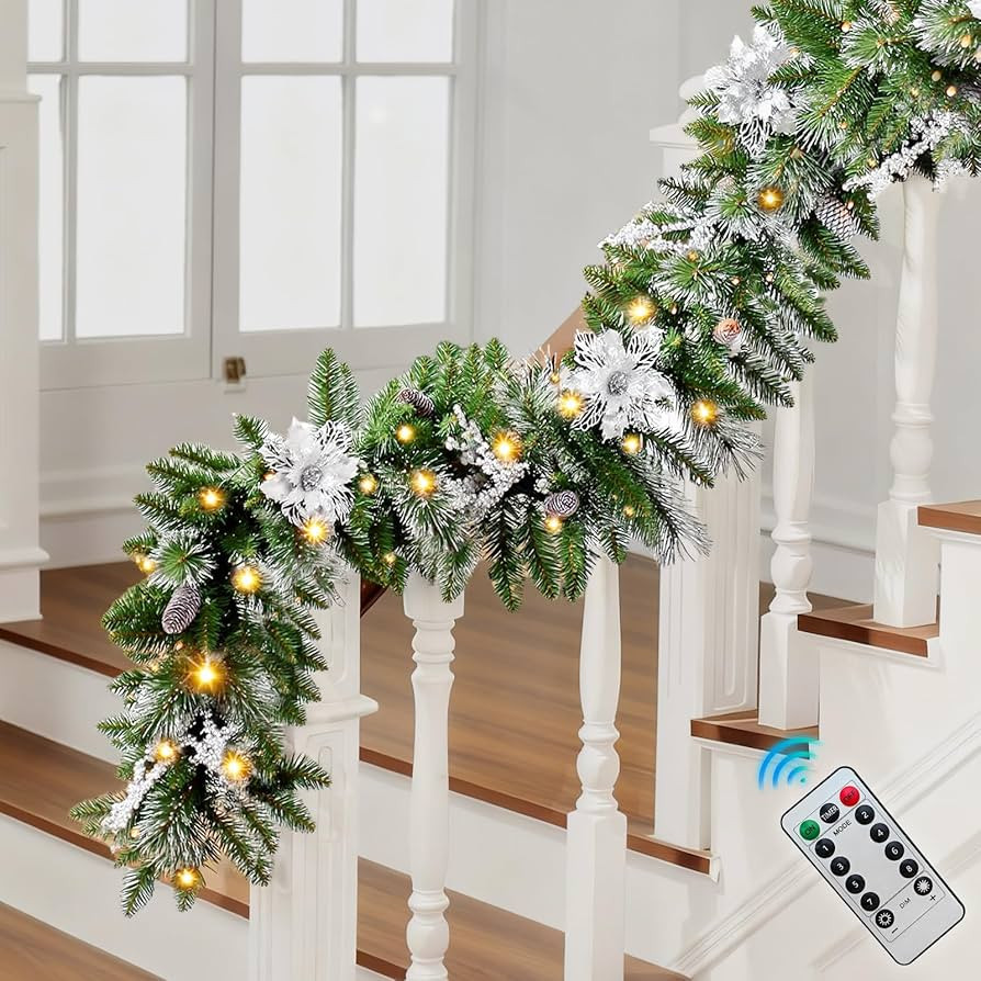 9FT Christmas Garland with Light,Pre-Lit Lush Branch Tips/Silver Flowers/Pine Cone,Christmas Garl... | Amazon (US)