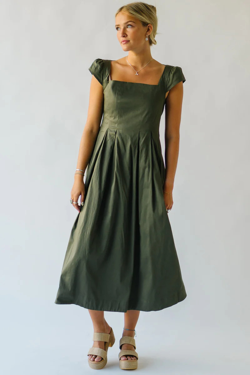 The Whitmire Ruffle Sleeve Midi Dress in Olive | Piper & Scoot