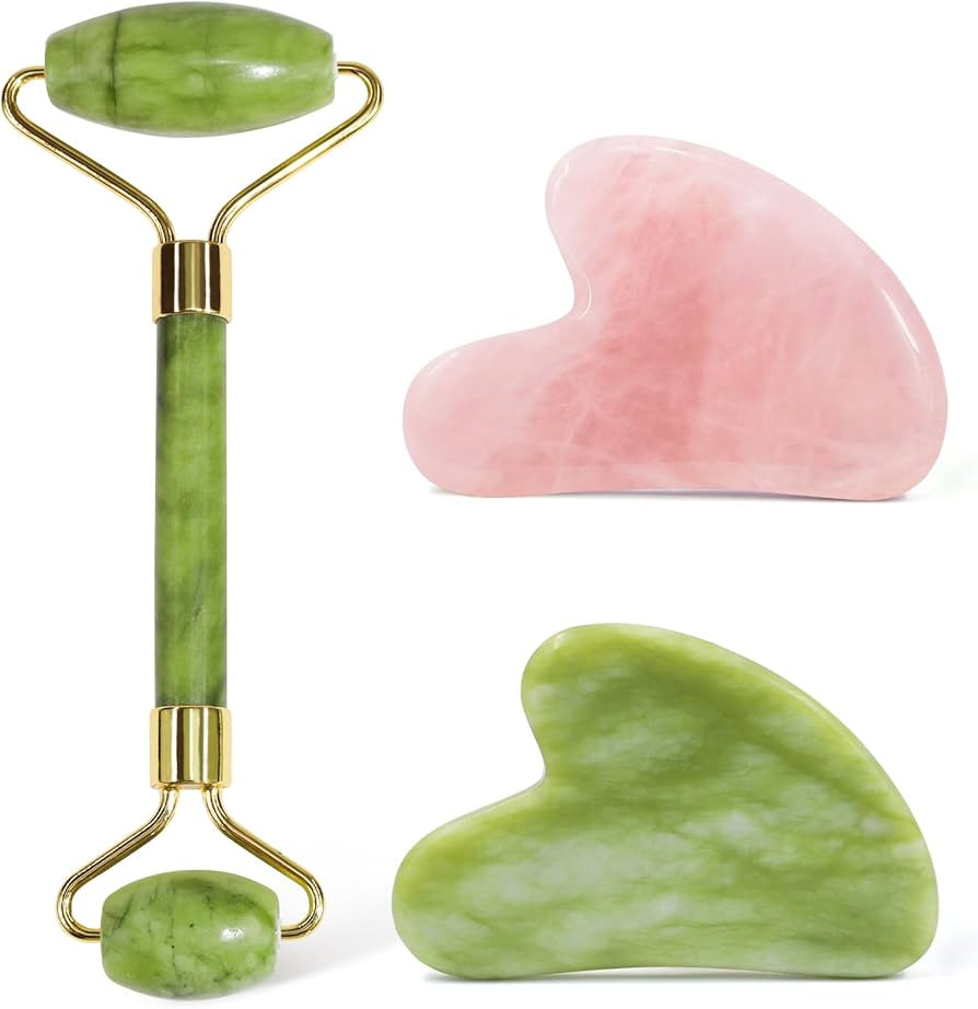 Jade Roller & Gua Sha Set + Rose Quartz Guasha Tool - Perfect for Puffiness, Wrinkles, and Tensio... | Amazon (US)