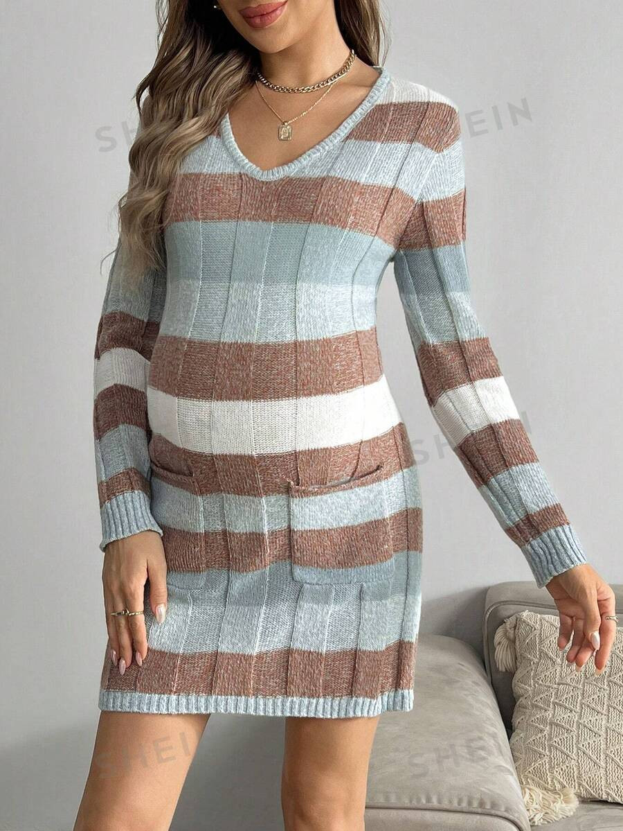 SHEIN Maternity V-Neck Long Sleeve Pocket Simple Striped Sweater, Casual Everyday Wear | SHEIN