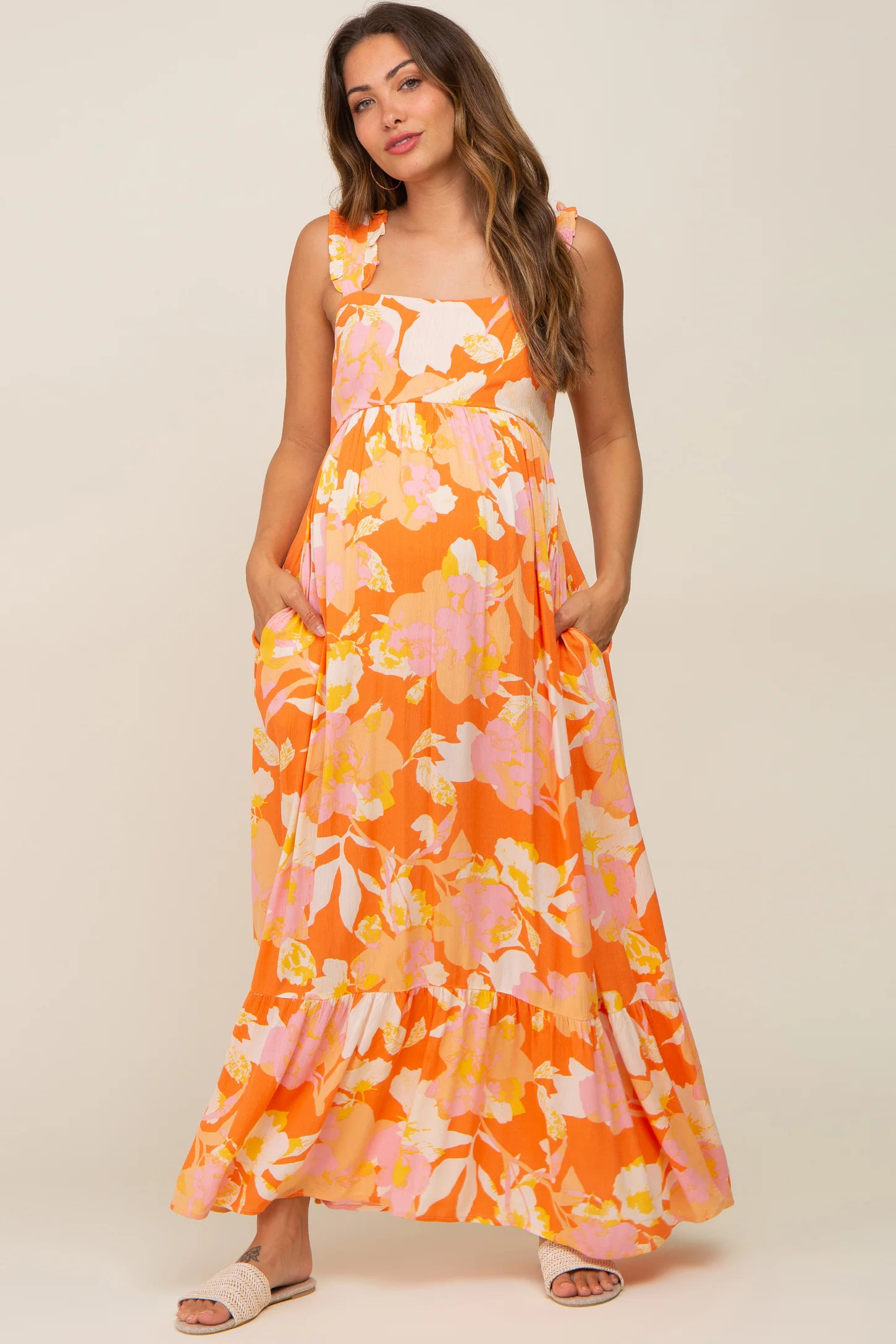 Orange Floral Sleeveless Maternity Maxi Dress | PinkBlush Maternity