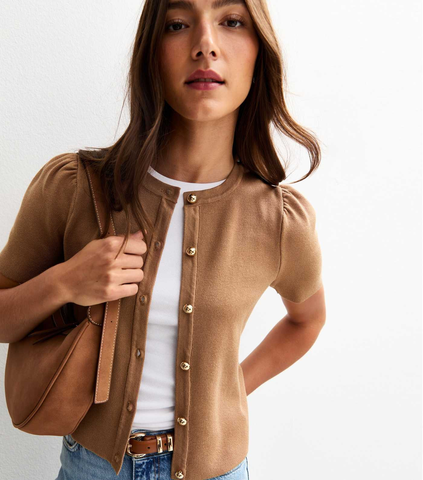 Camel Short Sleeve Crew Neck Cardigan | New Look | New Look (UK)