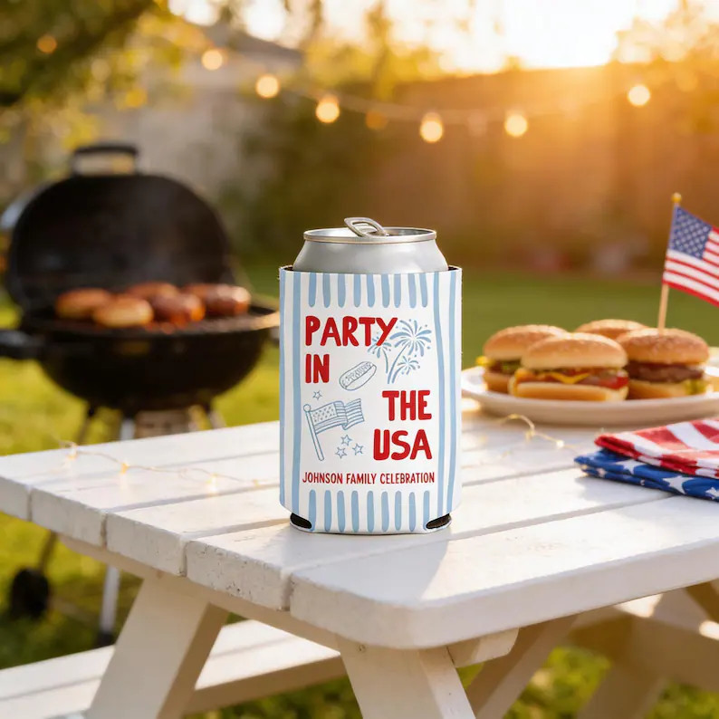 Custom Party in the USA Can Cozie, Personalized 4th of July Family BBQ Party Favor, Patriotic USA... | Etsy (Global)