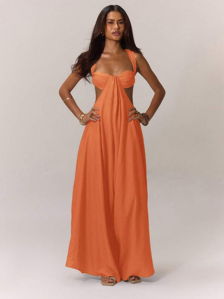 MUSERA Extreme Wide Leg Jumpsuit Draped Front Bust Cups Cut Out Sides Open Back Vacation Boho Western Spring Summer Vacation Beachwear Elegant Ibiza Holiday Wedding Guest Date Night Sexy Evening Bohemian Winter Orange | SHEIN