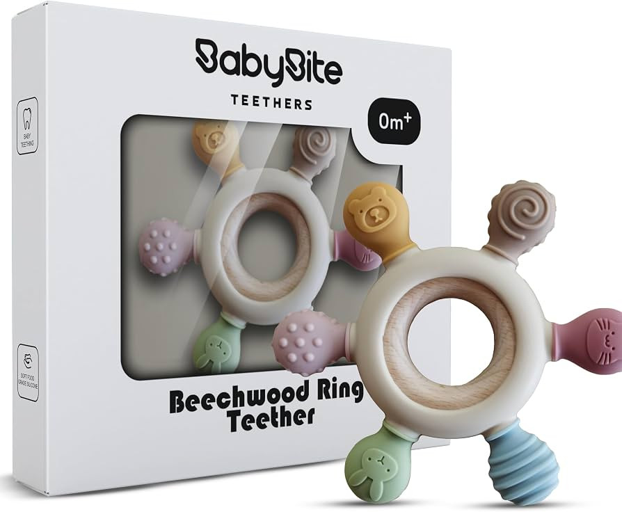 [BabyBite] Baby Teething Toys Silicone and Beechwood Baby Teether Ring for Sensory and Developmen... | Amazon (US)
