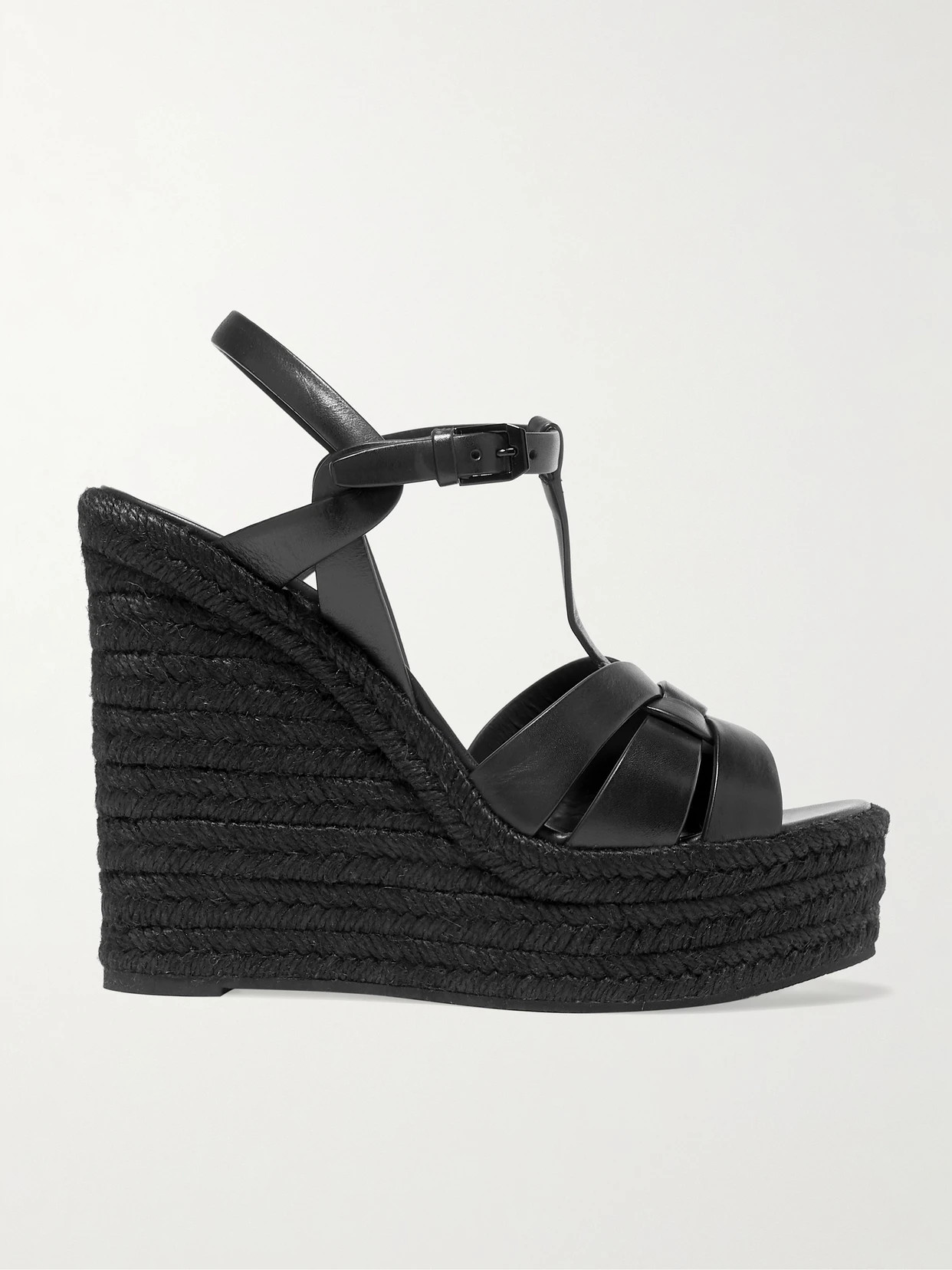 SAINT LAURENT - Tribute Woven Leather Espadrille Wedge Sandals - Black | NET-A-PORTER (US)