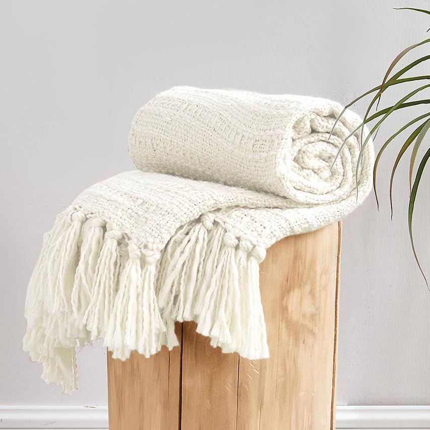 HORIMOTE HOME Cozy Chunky Cream Knit Throw Blanket with Textured Basket Weave Pattern and Fringe,... | Amazon (US)