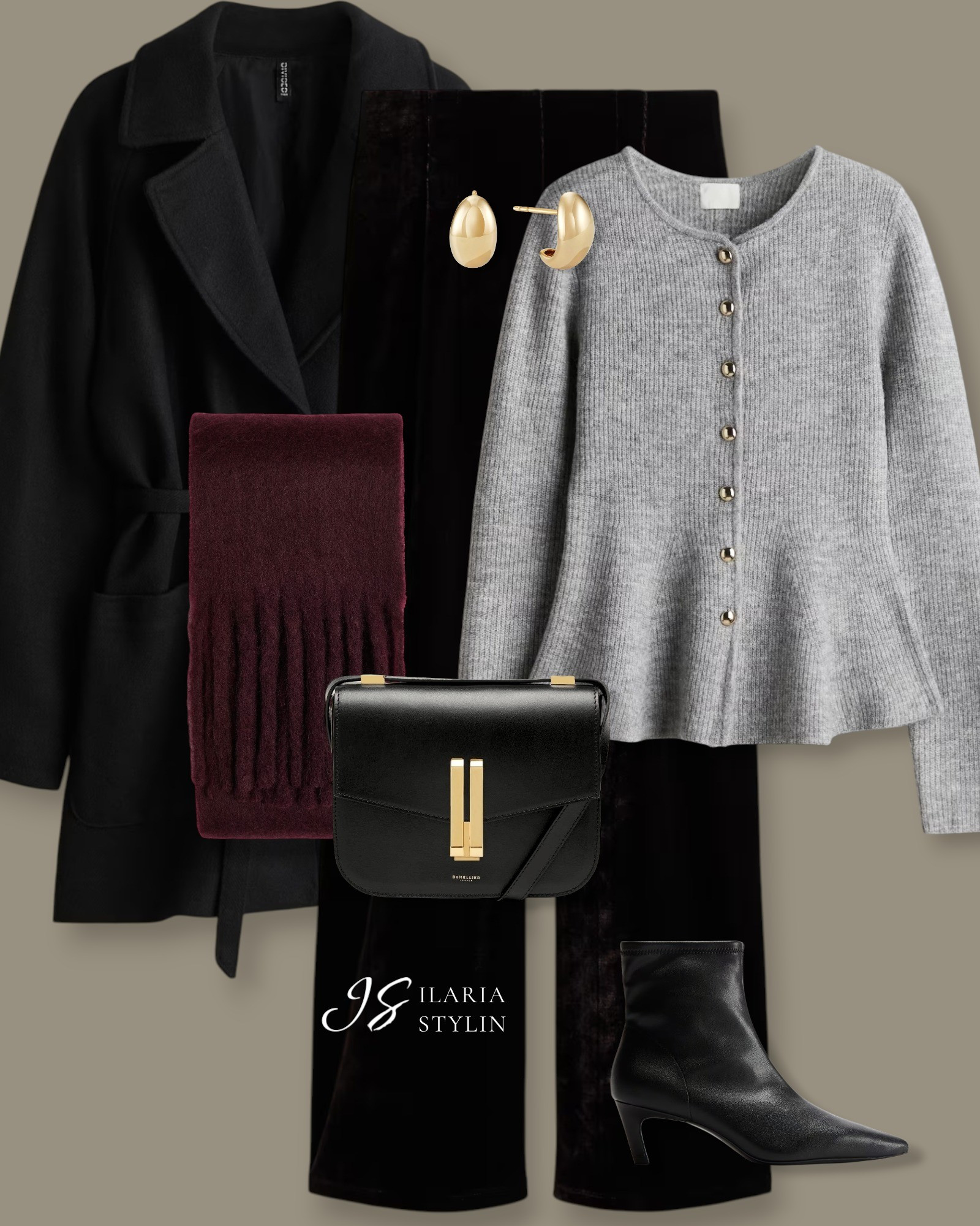 OUTFIT IDEAS:  BLACK, GRAY & BURGANDY 🌑🌹winter outfit, winter outfit ideas, winter ootd, black coat, tie-belt coat, gray cardigan, rib-knit cardigan, peplum cardigan, black pants, velour pants,  jacket, dark brown jeans, burgandy sarf, flufy scarf,  black boots, sock boots, heeled boots, black bag, crossbody bag, shoulder bag, casual chic outfit, chic outfit

#LTKHoliday #LTKSeasonal #LTKWorkwear