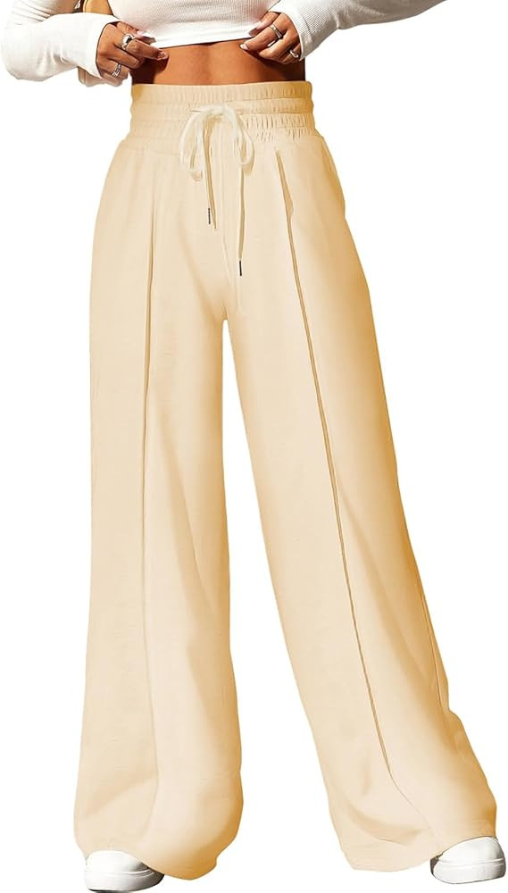 Aleumdr Women's High Waisted Drawstring Waist Wide Leg Sweatpants with Pockets Casual Loose Yoga ... | Amazon (US)