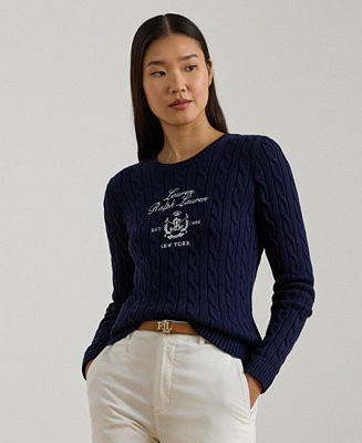 Women's Embroidered-Crest Cable-Knit Sweater | Macy's