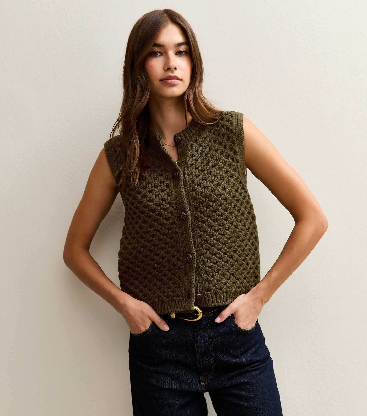 Khaki Moss Stitch Buttoned Waistcoat | New Look | New Look (UK)