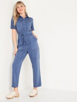 Short-Sleeve Cropped Tie-Belt Utility Non-Stretch Jean Jumpsuit for Women | Old Navy (US)