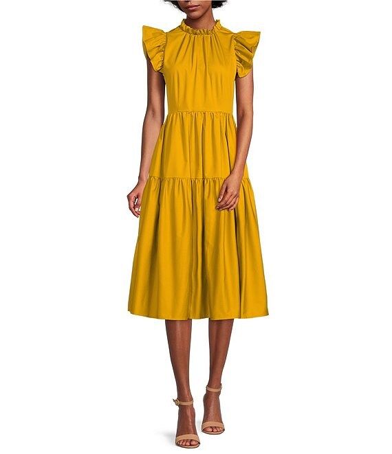 x Kimberly Whitman Tabitha Ruffle High Round Neck Cap Sleeve Tiered Midi Dress | Dillard's