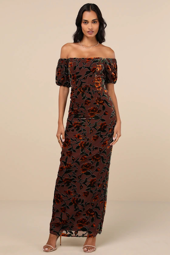 Confidently Impressive Brown Velvet Off-the-Shoulder Maxi Dress | Lulus