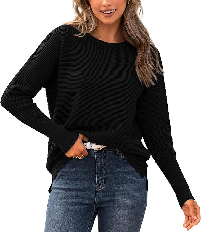 BTFBM Casual Women 2024 Fall Sweater Long Sleeve Ribbed Knit Pullover Loose Crewneck Batwing Spli... | Amazon (US)