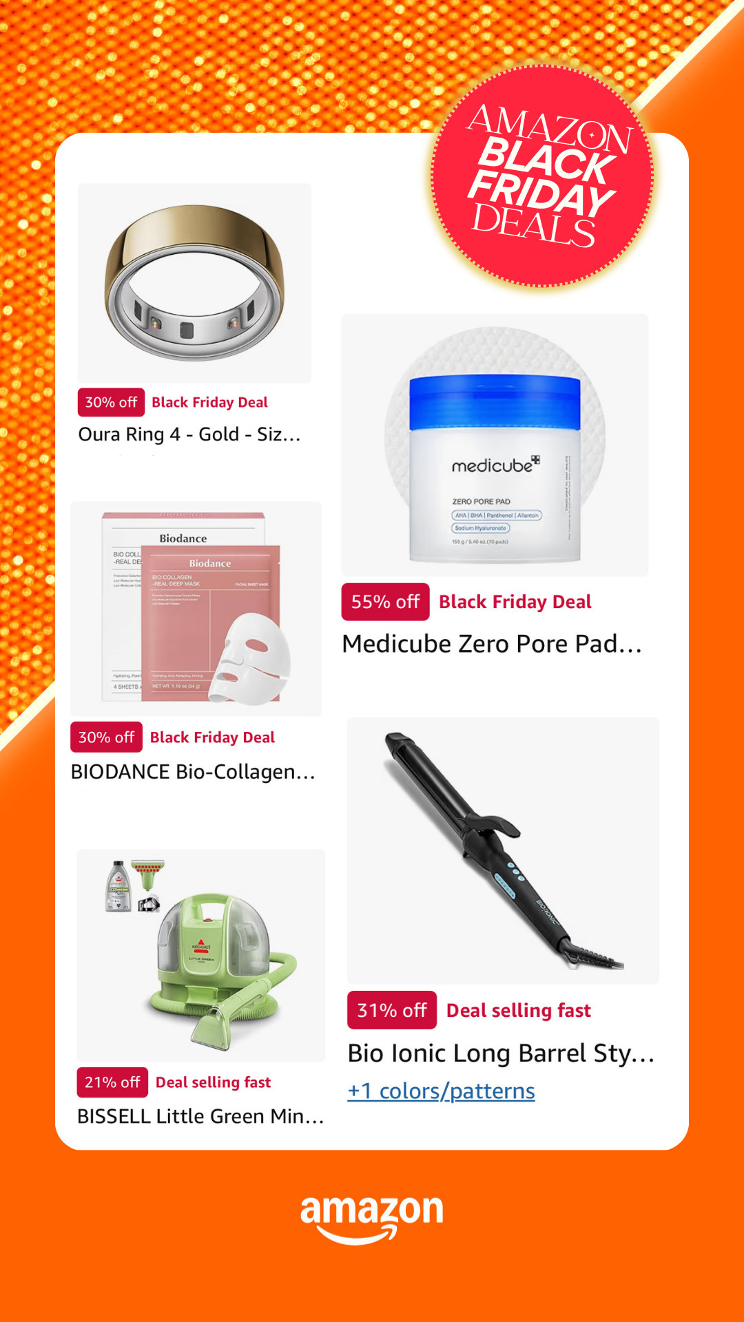 Amazon Black Friday Deals. Own and love all of these items. They would make great gifts for sisters, friends, MIL, or yourself! Oura Ring 4, Medicube pore pads (they make such a difference!), Biodance collagen face mask, my favorite long hair curling iron, and the Little Green Cleaner for carpets home. Hair tools, beauty finds, home goods. 

 #founditonamazon #WinterFavorites2025 #ad @amazon

#LTKHoliday #LTKGiftGuide #LTKCyberWeek