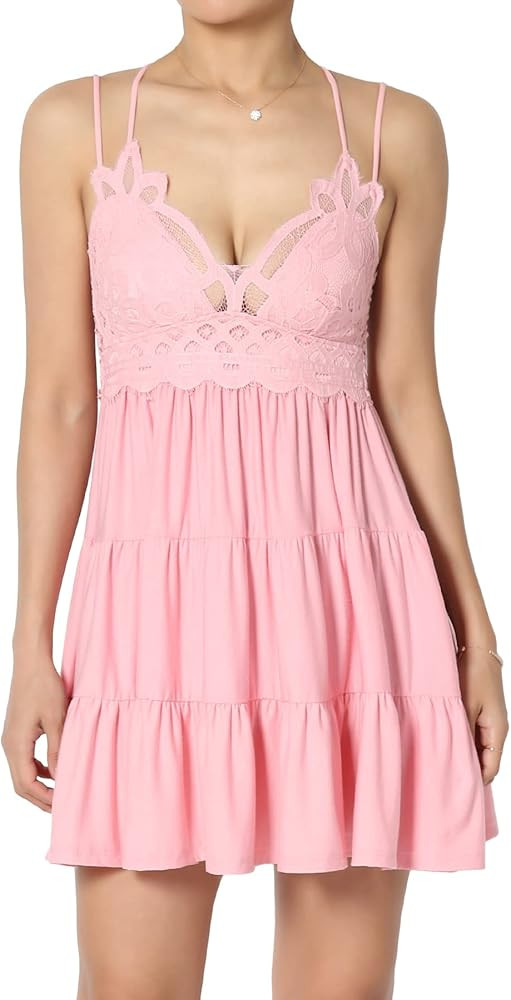 TheMogan S~3X Crochet Lace Cross Strap Smocked Back Ruffle Tiered Cami Tunic Top | Amazon (US)