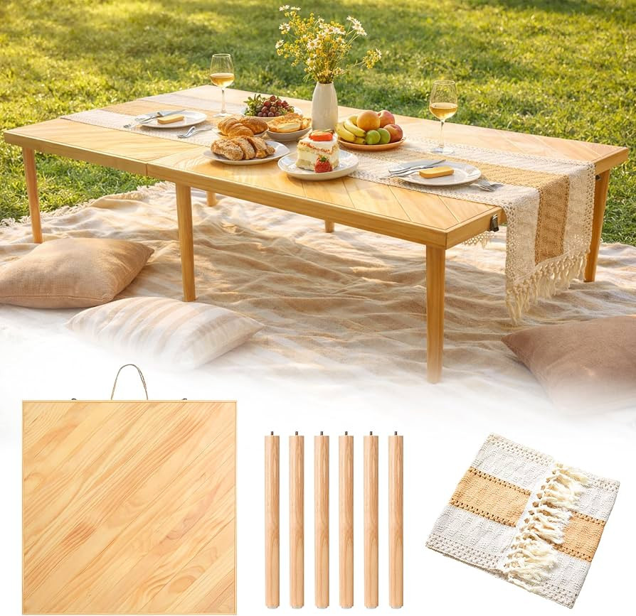 60" x 30" Solid Wood Folding Picnic Table with Table Runner, Large Portable Boho Wooden Low Table... | Amazon (US)