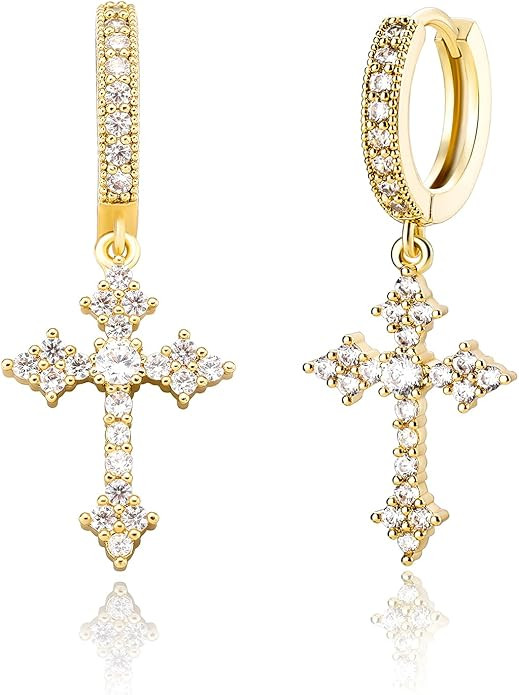 JINAO Cross Hoop Dangle Earrings 14K Gold 5A+ Cubic Zirconia Cartilage Hypoallergenic Sterling Si... | Amazon (US)