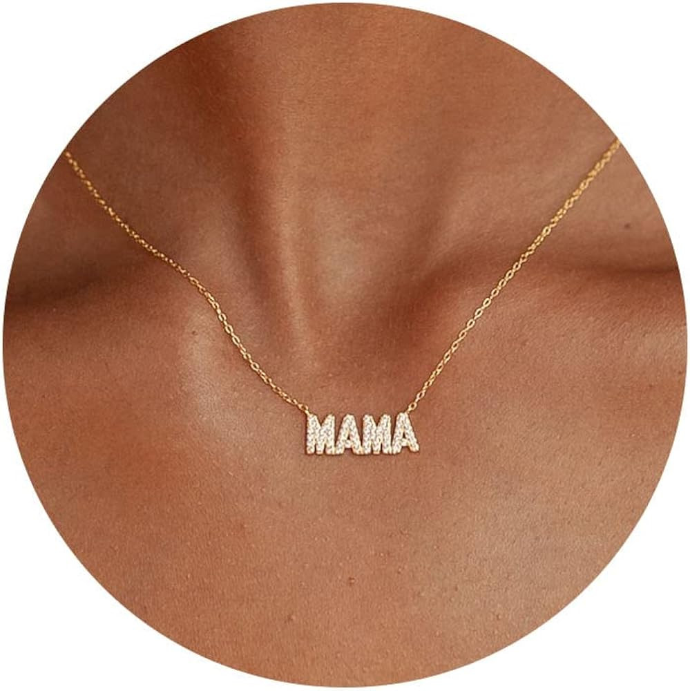 Foxgirl Mama Necklace 18k Gold Plated Tiny Cubic Zirconia Dainty Chain Mom Necklace Initial Lette... | Amazon (US)