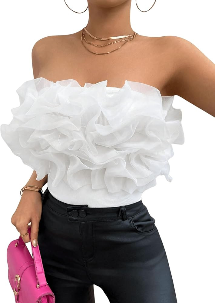 Floerns Women's Strapless Bandeau Appliques Ruffle Trim Tube Bodysuit Leotard | Amazon (US)