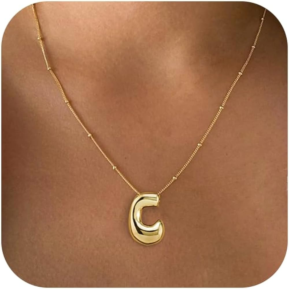 Gold Bubble Letter Necklace for Women Dainty 14K Gold Plated Balloon Initial Necklaces for Women ... | Amazon (US)