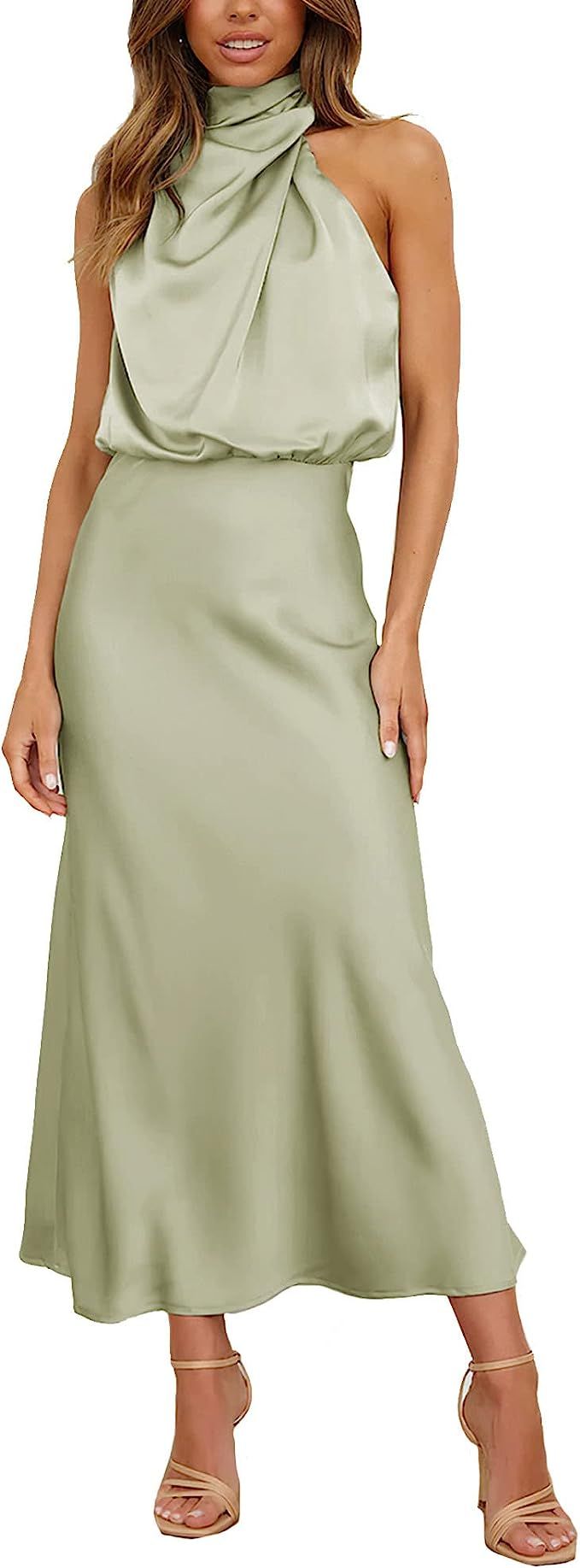 TheyLook Elegant Satin Silk Dress for Women Halter Neck Sleeveless Semi Formal Dresses Cocktail P... | Amazon (US)