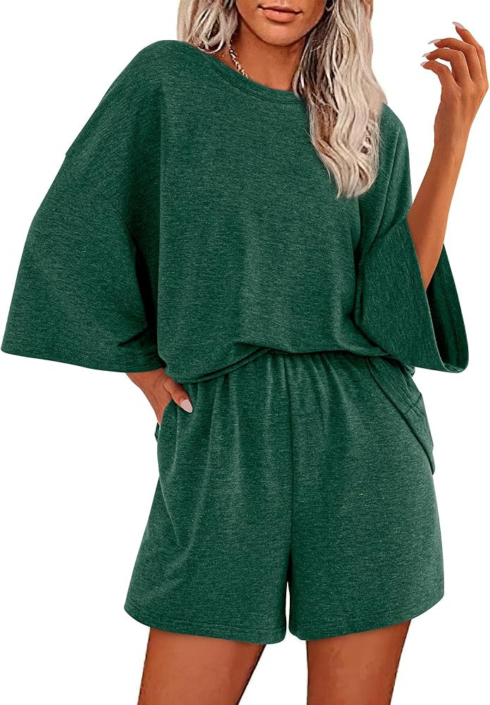 BTFBM Women Summer 2 Piece Outfits 2025 Matching Set Casual 3/4 Sleeve Tops Elastic Waist Shorts ... | Amazon (US)