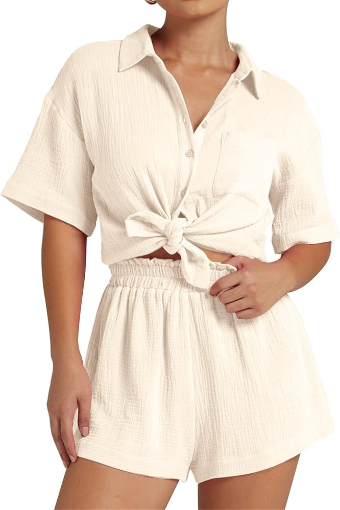 Women's 2 Piece Outfits Track Suits Matching Sets Loungewear for Vacation Button Down Shirt and S... | Amazon (US)