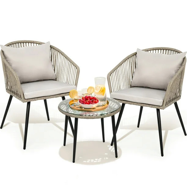 DWVO 3-Piece Outdoor Patio Furniture Wicker Bistro Set with Soft Cushions | Walmart (US)