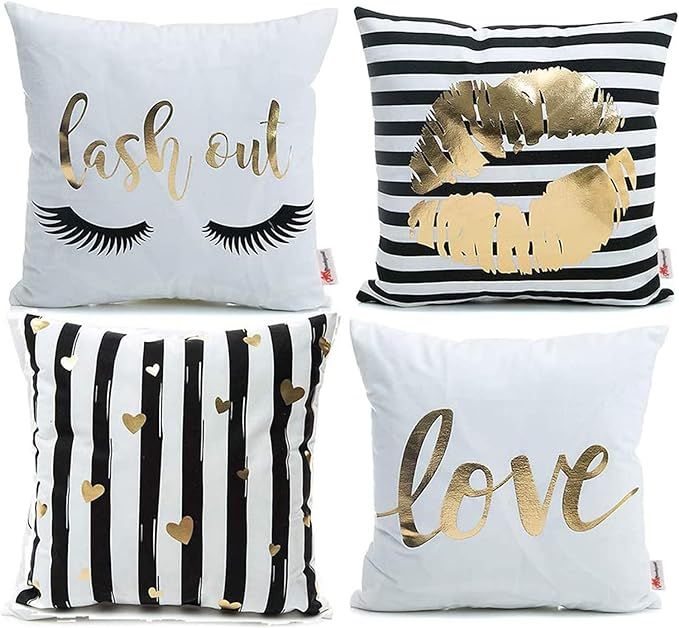 Monkeysell Pack of 4 Black and Gold Throw Pillow Lips Bronzing Flannelette Home Pillowcases Throw... | Amazon (US)