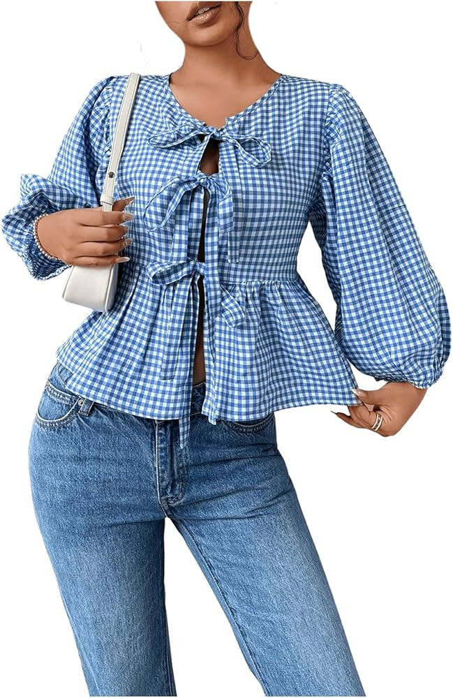 MakeMeChic Women's Plaid Lantern Short Sleeve Tie Front Ruffle Hem Cute Blouse Shirt Top | Amazon (US)