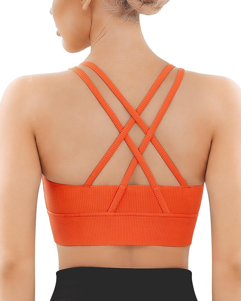 Ama Larsi Ribbed Strappy Sports Bras for Women Medium Support Crisscross Back Wirefree Padded Wor... | Amazon (US)