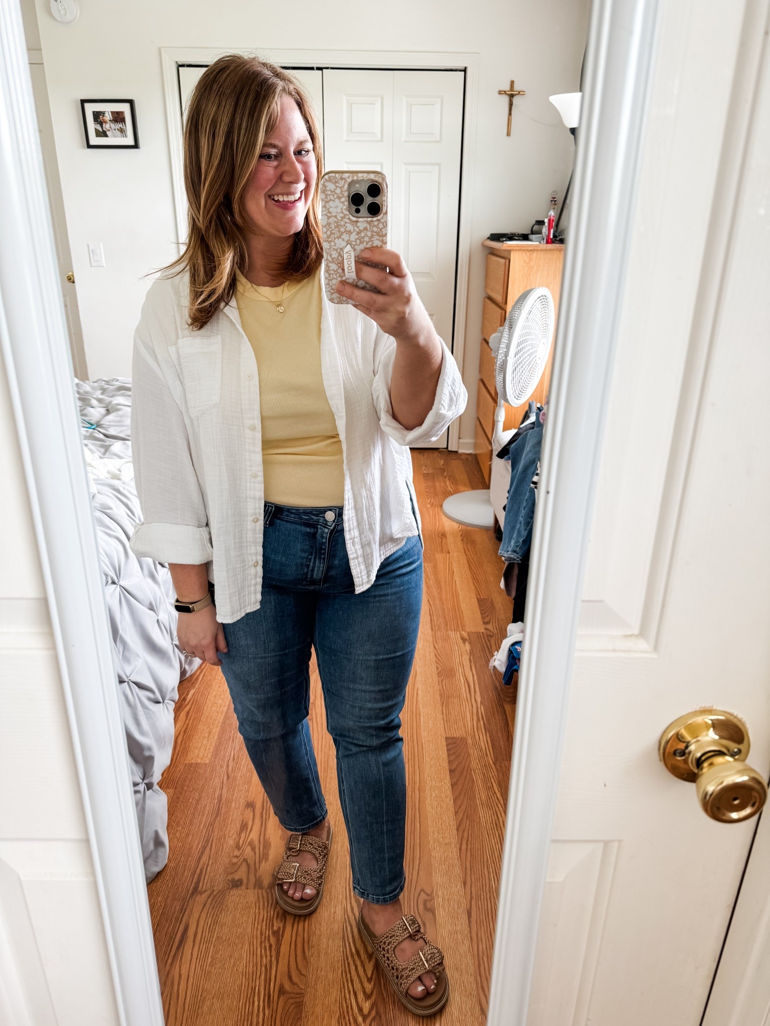 I love a gauze button down for a light layer!  I paired this white one with my butter yellow tee for an easy outfit.   Tee is an XL, button down is a large, jeans are a 32.  

#LTKFindsUnder50 #LTKMidsize #LTKPetite