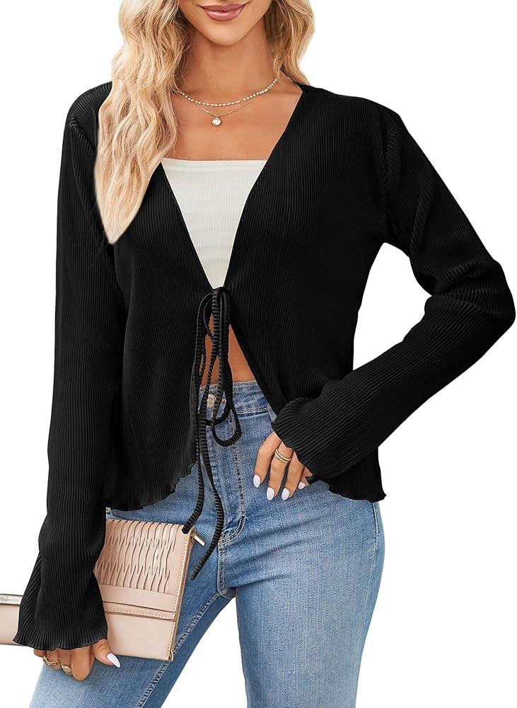 ZAFUL Women's Deep V Neck Tie Front Top Bell Long Sleeve Plisse Pleated Blouse Shirt Top | Amazon (US)