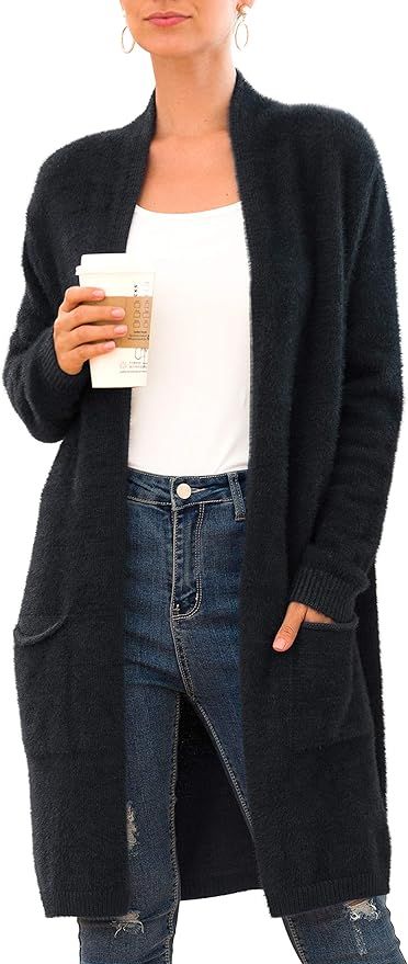 QIXING Women's Casual Open Front Knit Cardigans Long Sleeve Plush Sweater Coat with Pockets | Amazon (US)