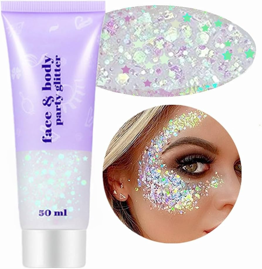 Go Ho Clear White Body Glitter,Festival Rave Outfits for Women,Holographic White Face Glitter Gel... | Amazon (US)