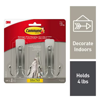 Command 2pk Large Sized Double Decorative Hooks Brushed Nickel: Wall Hooks, Towel Hook, Silver, 4 lb Capacity | Target