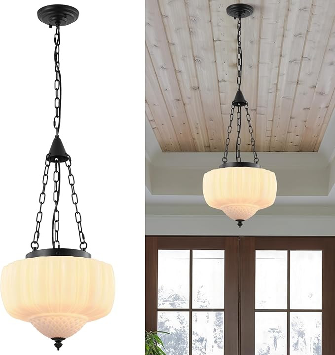 14 Inch Schoolhouse Pendant Light,Milk White Glass with Black Chain,Mid Century Modern Hanging Pe... | Amazon (US)